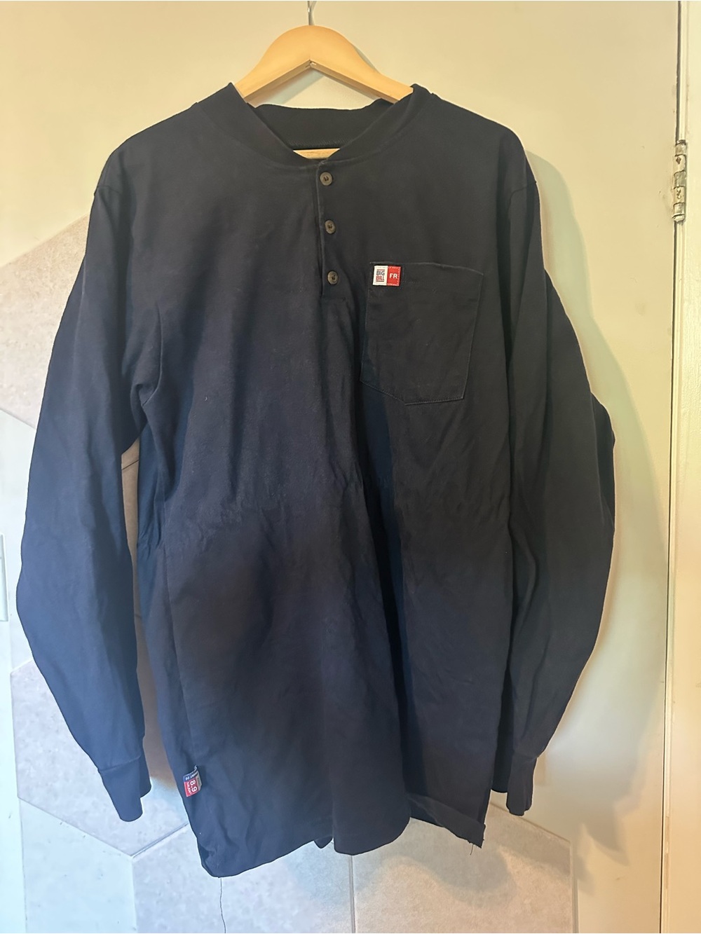 Men's Black Long-Sleeve Henley with Chest Pocket